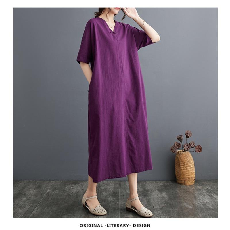 Summer New Cotton and Linen Artistic Retro Pullover Buckle Dress A-line Long Skirt