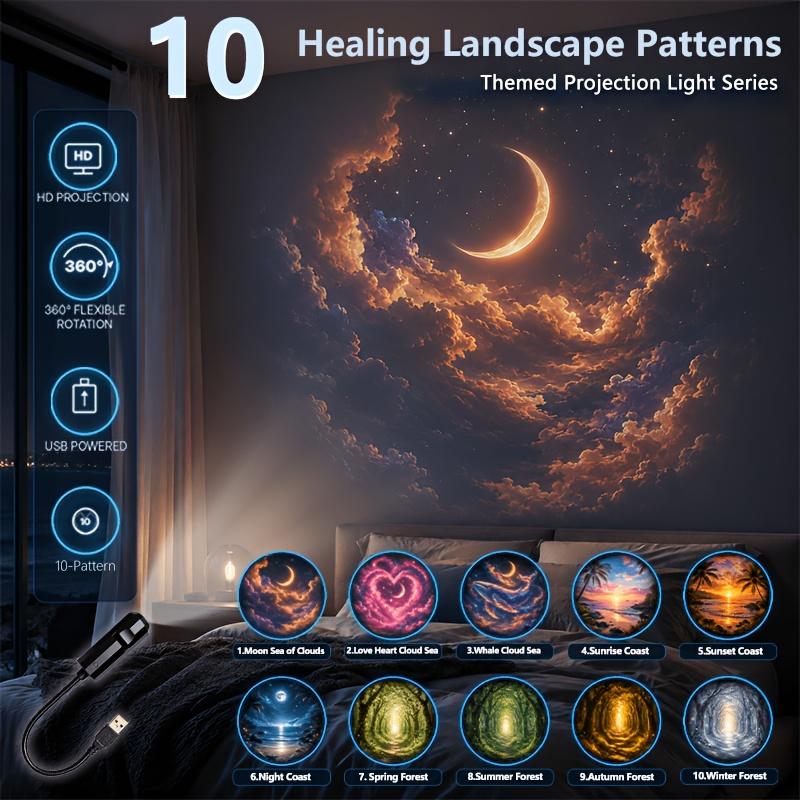 Usb Healing Landscape Projector Light 10 Patterns Flexible Rotation Moon Cloud Sea Forest Coast Projection Lamp For Bedroom