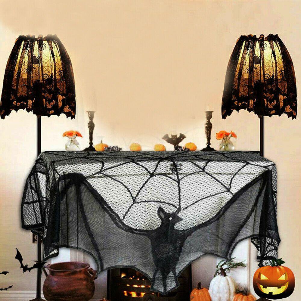 Intricate Black Lace Spider Web Bat Decor For Halloween Fireplace Mantle
