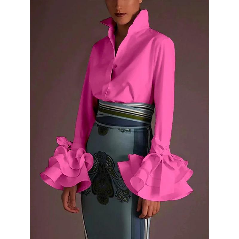 Women Solid Color Regular Fit Long Sleeve Turn Down Collar Casual Blouse Top