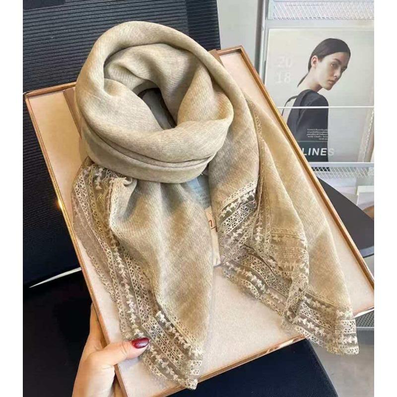 Women Solid Lace Square Scarf Linen Feel Thin Spring Autumn Shawl Sun  Elegant Versatile Neck Scarf 90x90