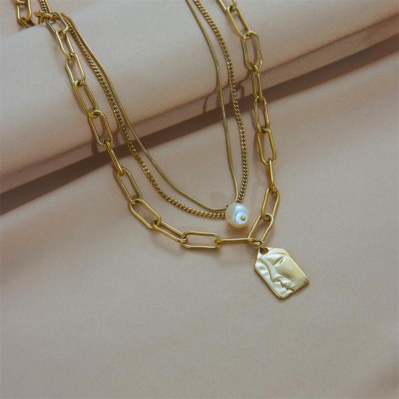 Women's Gold Layered Necklace Set 3-Piece Paperclip Chain Pearl Pendant Titanium Steel Jewelry