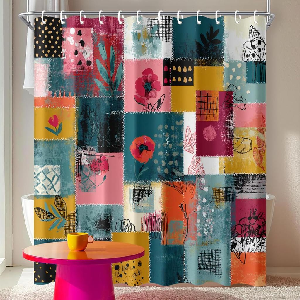 Color Block Duschvorhang 72x72 Zoll Lebendiges Retro Geometrisches Badezimmerdekor Moderner Pop-Art-Stil Wasserdichter Stoffvorhang