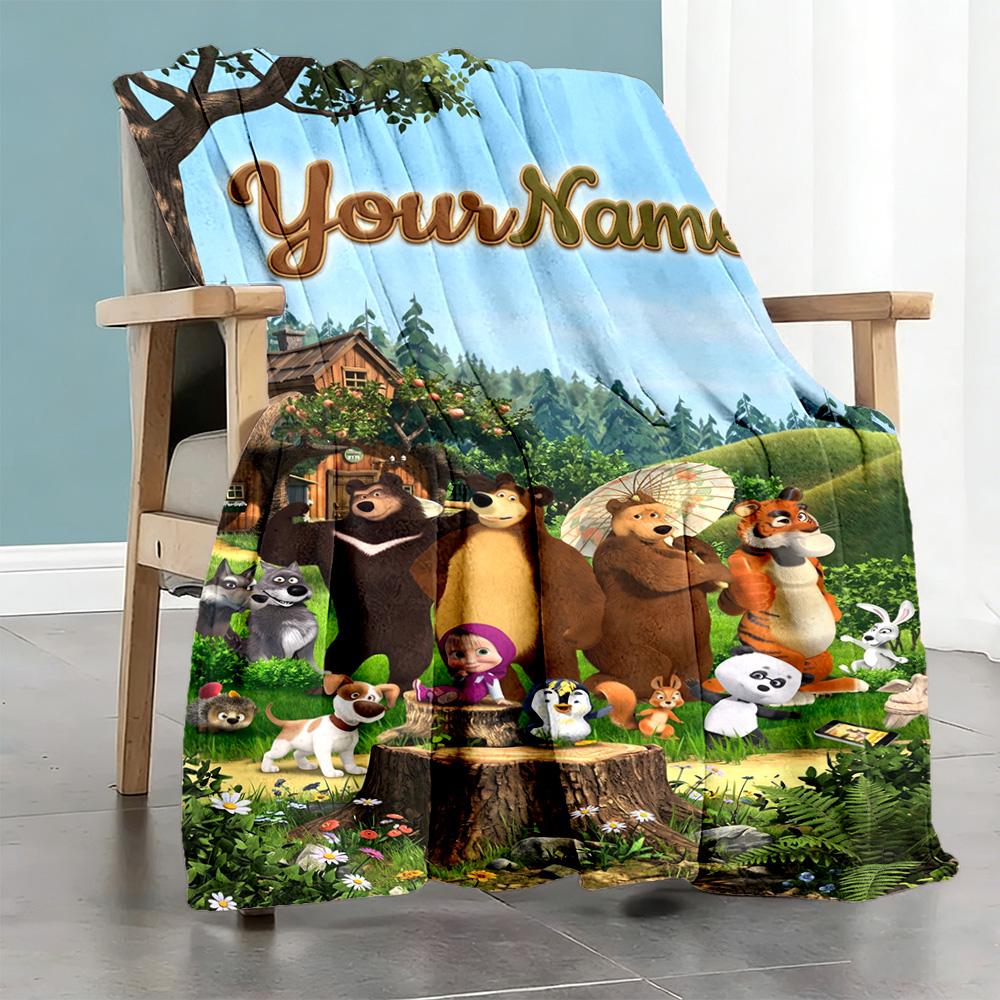 Masha Bear Customize Your Name Blanket Lightweight Personalized Blanket Durable Comfort for Bed Home Decor Office Nap Four Seasons Multipurpose