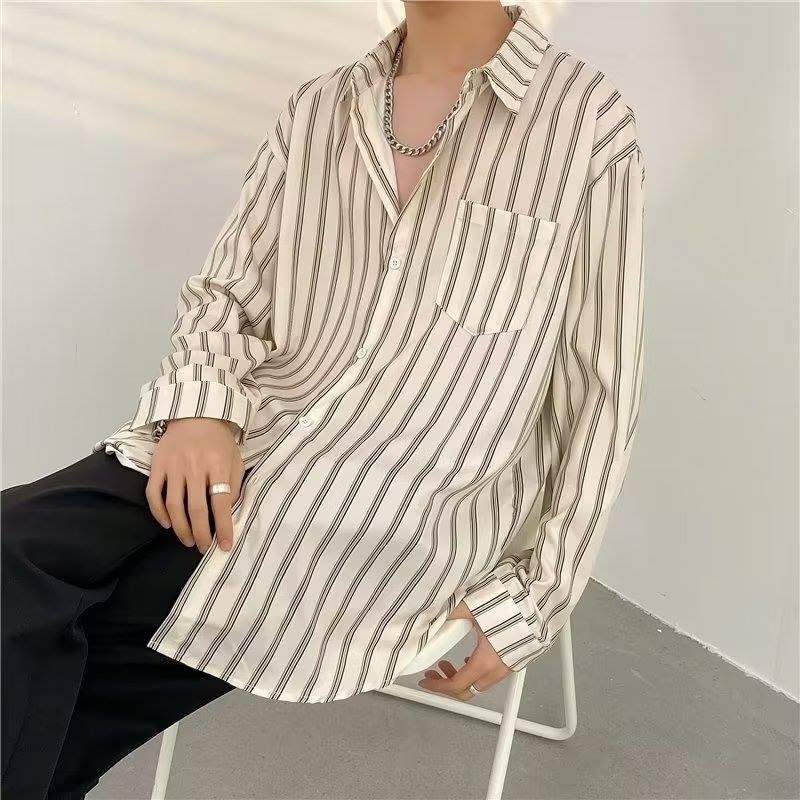 

Korean Style Men s Fashion Long Sleeve Casual Stripe Shirts With Pocket Design Night Club Shirt For Youth Man Work Clothing Apricot