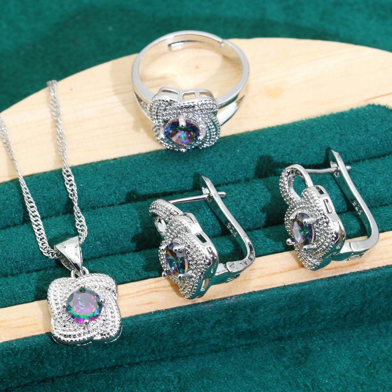 Europe and The United States Hot Zircon Bracelet Necklace Earrings Open Ring Jewelry Set