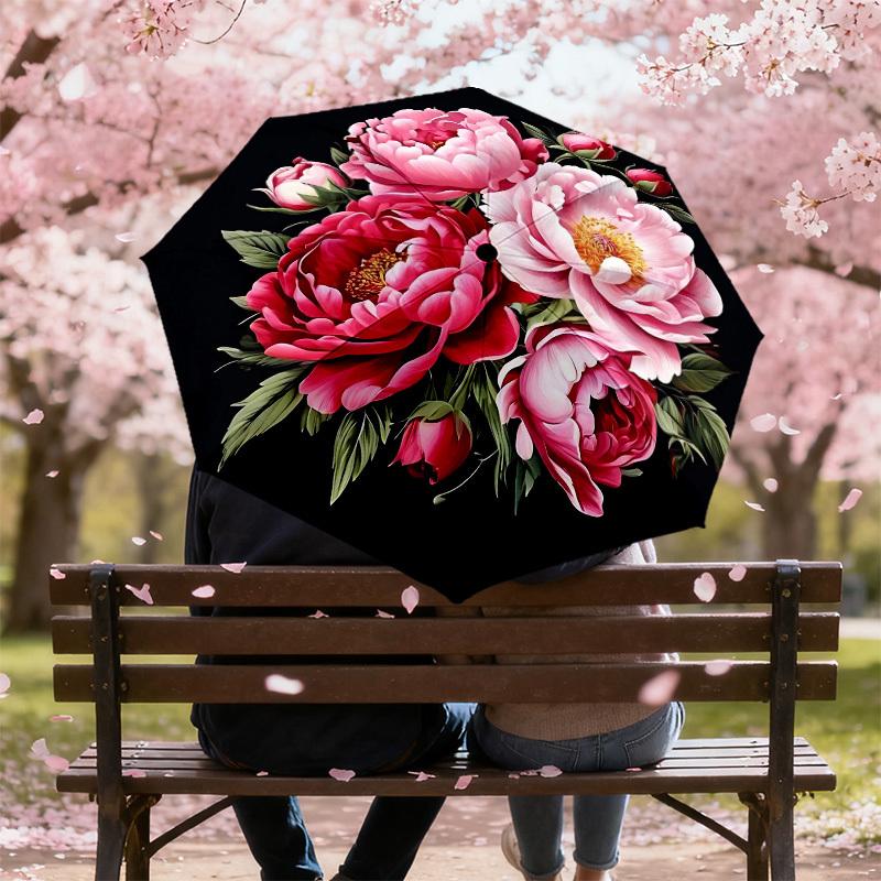 1pc Peony Flowers Automatic Folding Umbrella 8 Rib Iron Frame, Compact Portable Umbrella Suitable for Travel, Daily Use, Birthday, Women & Men Gift c