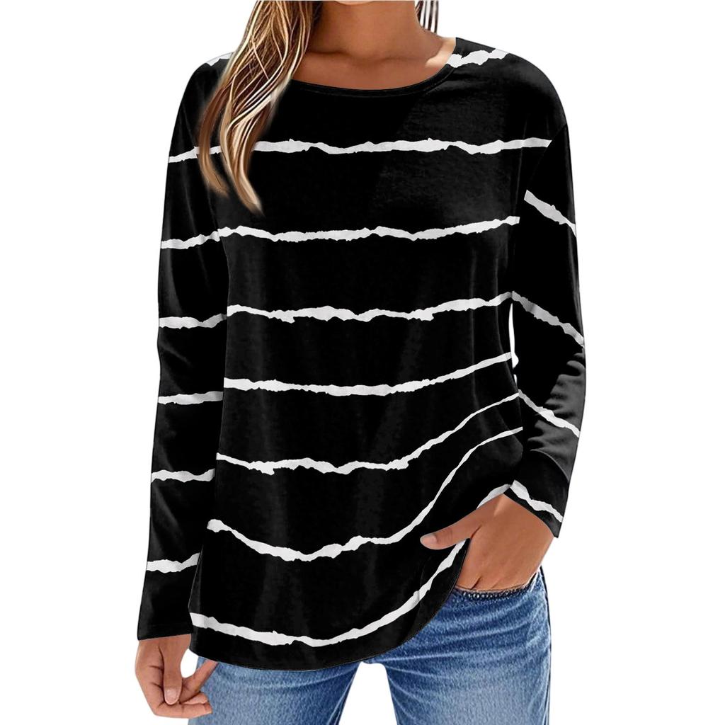 Women's Fashionable Casual Printed Long Sleeved Round Neck Top Round Neck Top Top