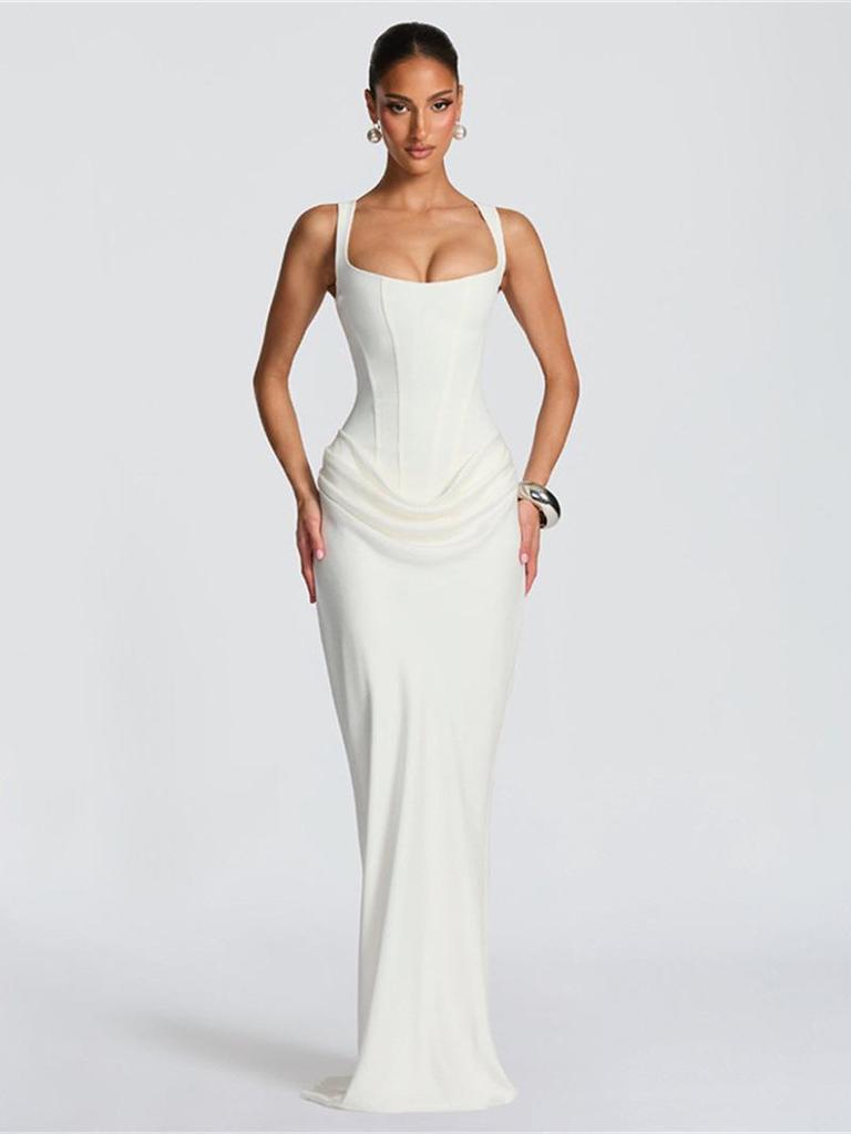 European Spring 2026 Square Neck Sleeveless Slim Fit Ruffle Dress