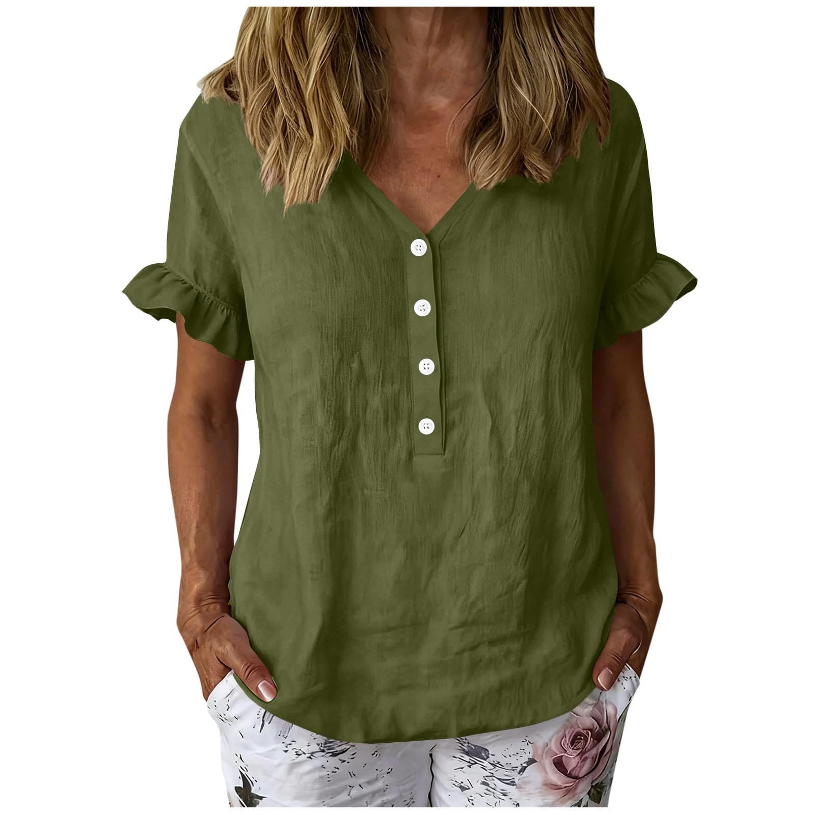 

Women’s Casual Button Front Ruffle Sleeve Shirt Loose Fit Cotton Linen Blouse Relaxed Fit V Neck Top for Daily Wear L