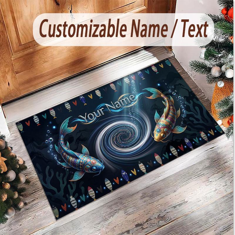 Fish Ocean Theme Soft Crystal Velvet Rug Custom Name & Text Print Non Slip Floor Rug for Bedroom Living Room