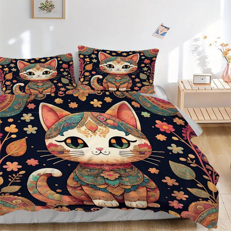 3pcs Colorful Floral Cat Bedding Set - 1 Soft Quilt Cover + 2 Pillowcases, Machine Washable - Suitable for All Seasons, Perfect Gift for Family a