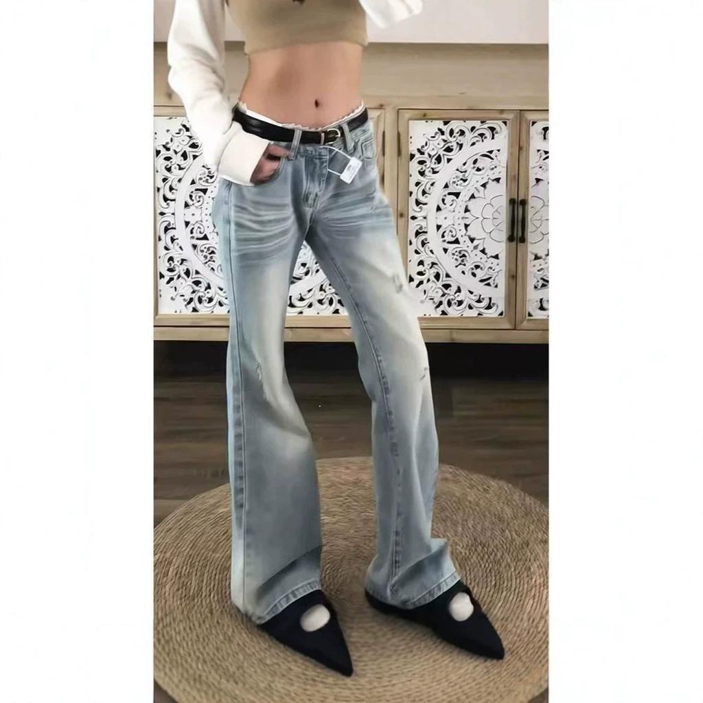 Women's Low Waist Washed Flare Jeans Vintage Distressed Bootcut Denim Pants