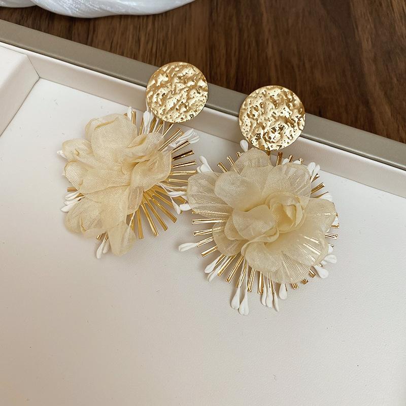 Silver needle pleated chiffon flower pendant earrings women s niche exaggerated design studs light luxury high-end earrings