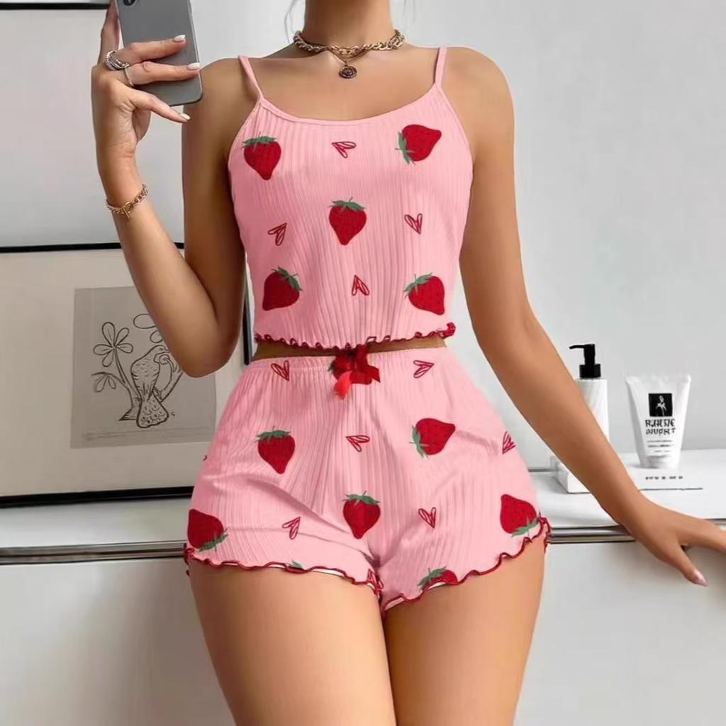 Women's Strawberry Love Heart Print Pajama Set - Casual Camisole & Shorts Lounge Outfit Two Piece