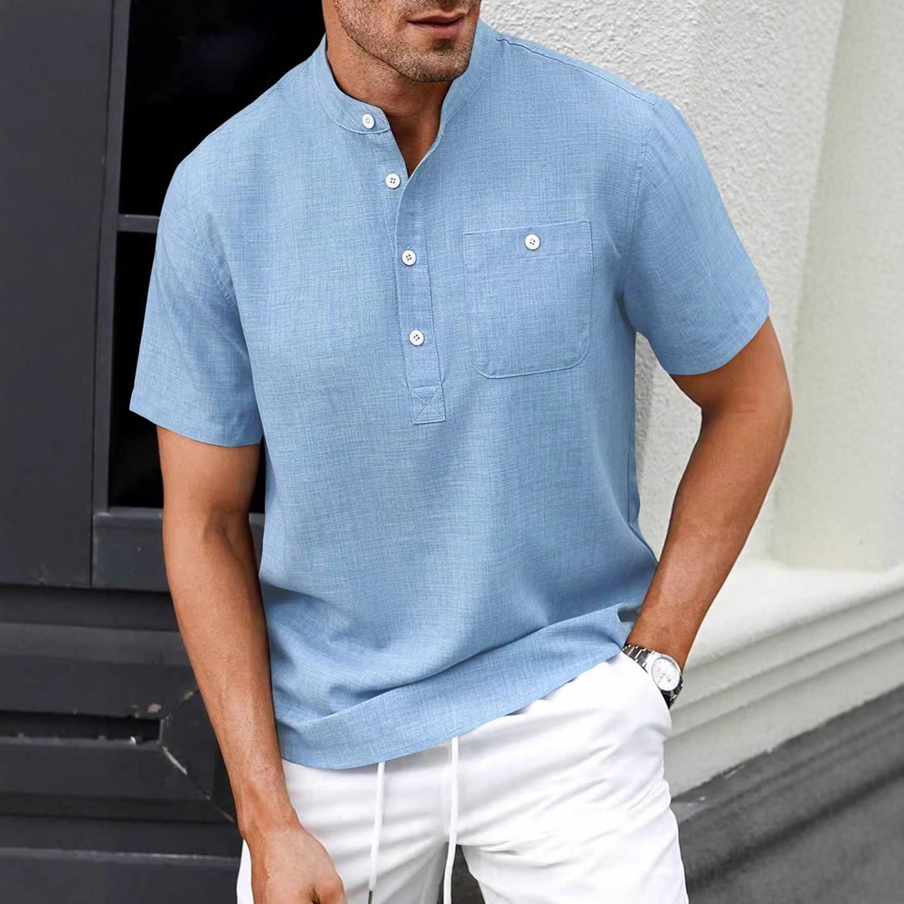 Summer men s stand-up collar short-sleeved shirt loose casual solid color Henry shirt men s thin versatile top S