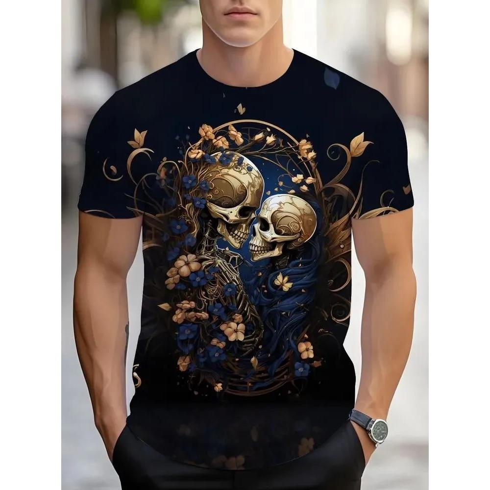 Men's Summer Comfortable Fashionable T-shirt Soft Breathable Skull Animals Portrait Colorful 3d Printing Round Neck Short Sleeved T-shirt