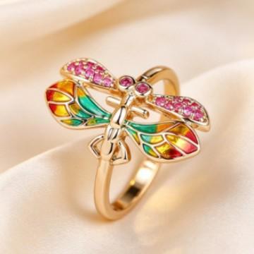 Luxury Animal Female Rainbow Stone Engagement Dragonfly Ring Vintage Gold Color Wedding Fashion Jewelry for Women