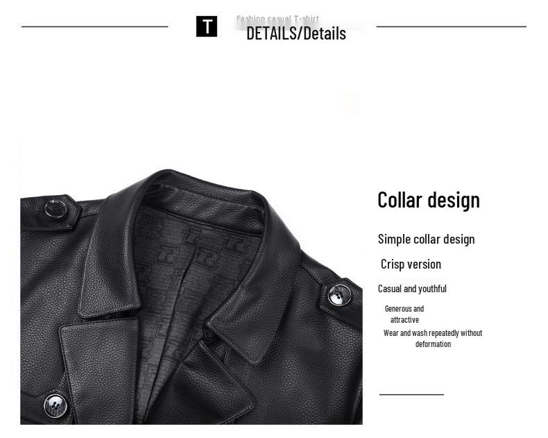 Trench-coat double boutonnage en cuir de mouton pour homme, Mi-mollet, Doublé velours