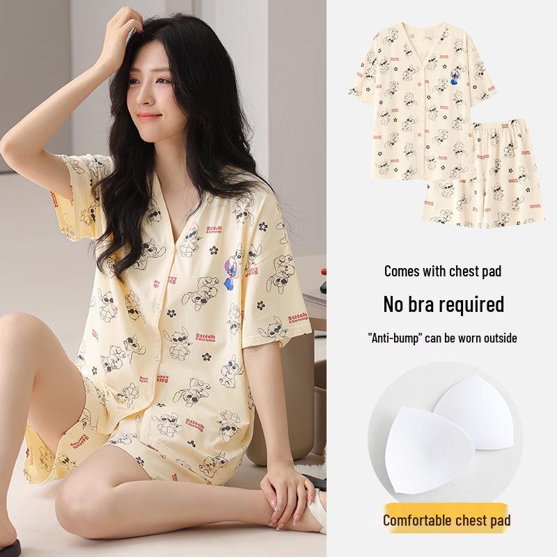 Women's Summer Modal Pajamas: Short Sleeve, Thin Style, with Chest Pads, Round Neck – Sweet Student Homewear