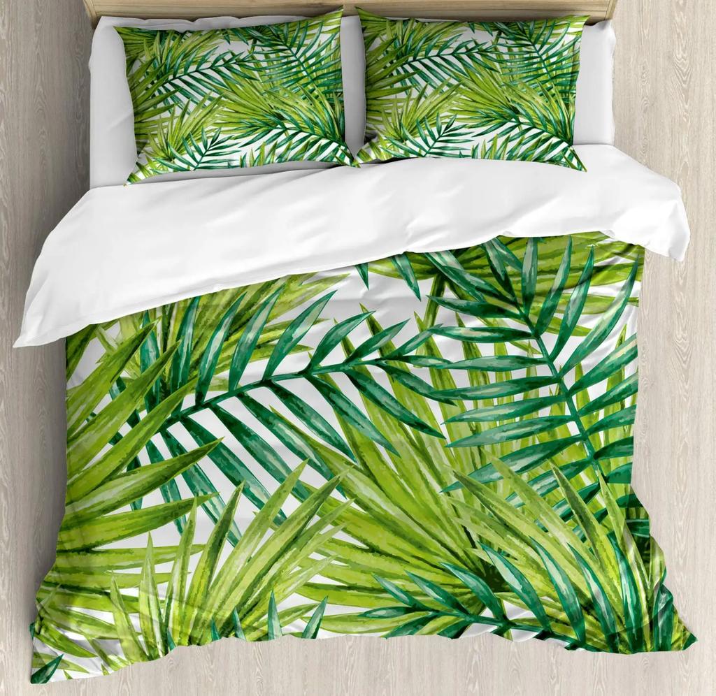 Palm Leaf Duvet Cover Realistic Vivid Leaves Of Palm Tree Growth Ecology Botany Themed Print Queen Size Fern Green White Room