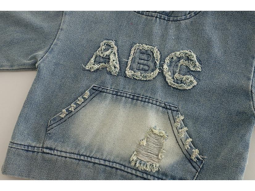 Chlapecká dvoudílná souprava s kapucí z džínové bavlny: Jarní/podzimní styl s potiskem písmen a velkými kapsami, dlouhé rukávy