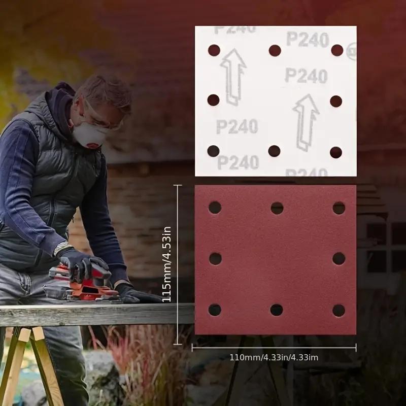 10pcs 110x 115mm 8-hole sandpaper, velcro backing and 8-hole design suitable for orbital sander, used for sanding and polishing
