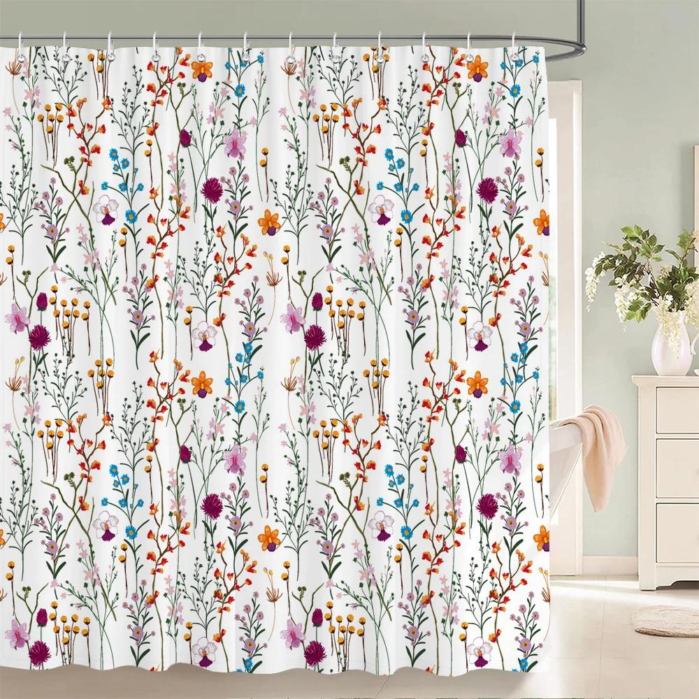1 Pc Spring flowers and plants pattern Shower Curtain, Waterproof Fabric Bathroom Curtain Machine Washable for Bathtub Decor