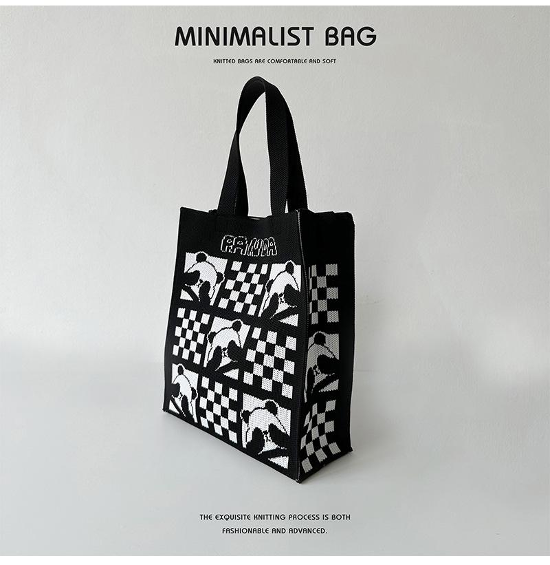 Black & White Checkered Panda Knitted Tote Handbag - Versatile, Large Capacity, Portable Shoulder Bag for Women.