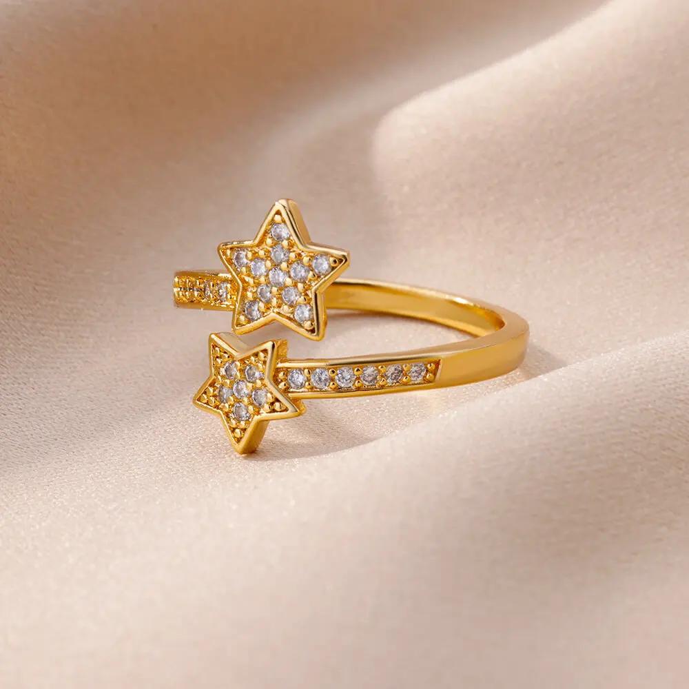 Zircon Double Star Rings For Women Girls Stainless Steel Gold Color Y2K Ring  New Trending Wedding Party Aesthetic Jewelry