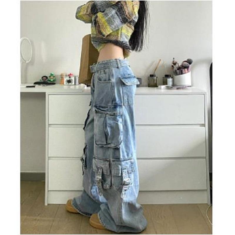 Autumn Winter Ladies Cargo Jeans American Street Style Baggy Cargo Pants Women Blue Multi Pocket Wide Leg Jeans Women