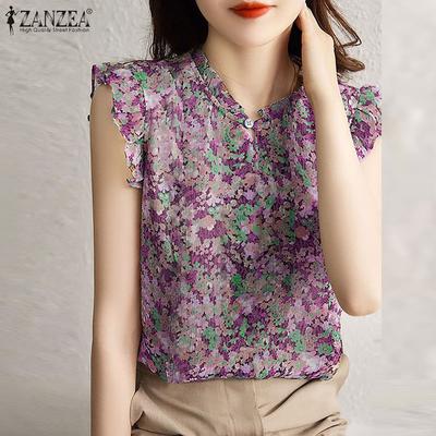 Damen Casual Floral Stehkragen Knopf Flügelärmel Blusen