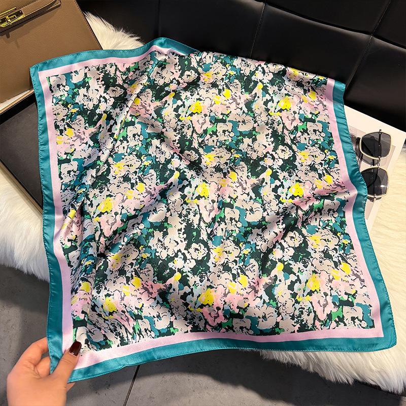 French Light Luxury Floral Small Square Scarf Simulation Silk Printing Silk Scarf Headscarf Women's Spring and Summer Scarf Temperament Scarf Scarf N