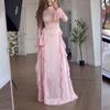 Vestido de Noche Maxi de Satén para Mujer con Cuello Alto, Mangas Largas, Puños Acampanados, Volantes y Cintura Alta, Corte Entallado