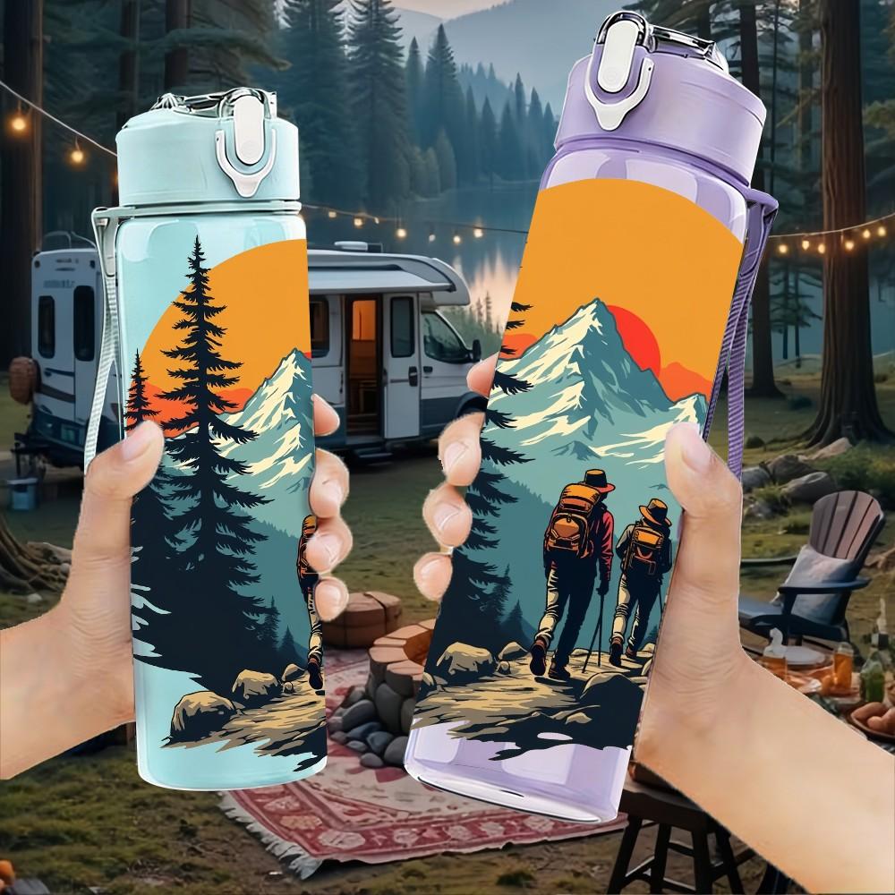 1PC Mountain Forest Sunset Camping Print 750ml Color Plastic Sports Water Bottle Leakproof Flip Straw Lid Suitable for Sports Office Home Use