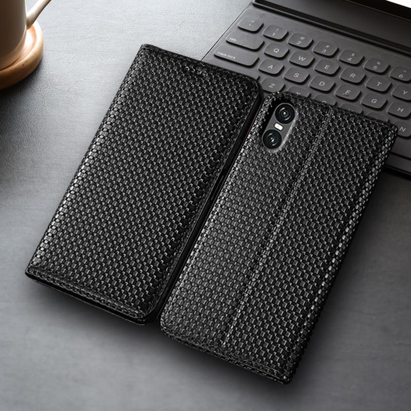 Grass Mat Genuine Leather Flip Case for Sony Xperia 1 5 10 II III IV V VI VII Plus Wallet Phone Cover Cases Scratch Proof nero