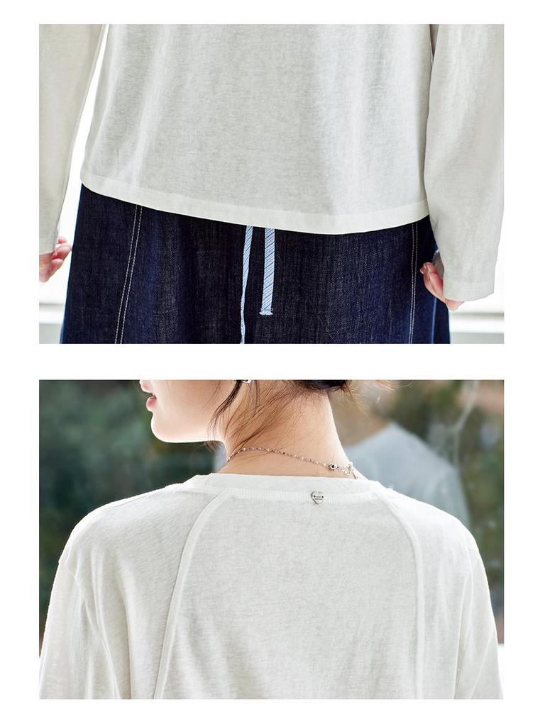 Women's Long Sleeve White Combed Cotton T-Shirt with Striped Knit Shawl - New Style for Spring 2026.