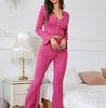 Women Sleepwear Set Casual Long Sleeved V-neck Top with Elastic Pant Autumn Comfortable Solid Color Home Clothes 2-piece PJ Set