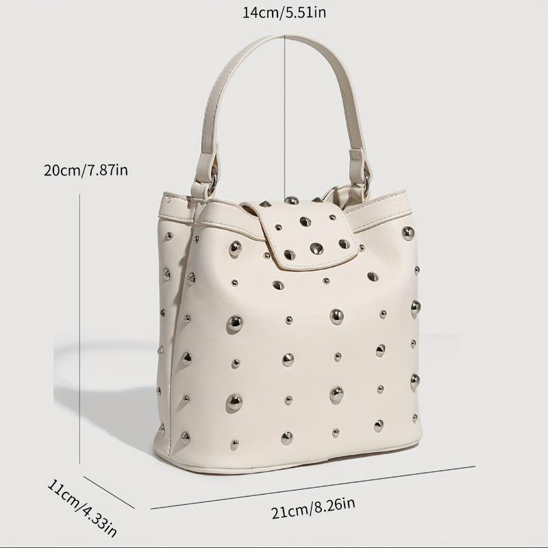 Riveted Carry-on Bag Large Capacity, White Leather Single Shoulder Bag, Fashionable Zipper Chain Diagonal Cross Bags