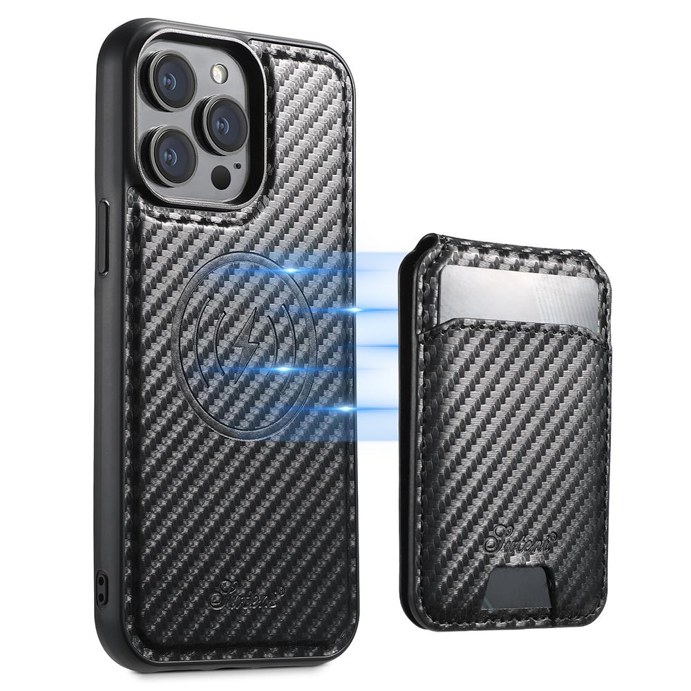 

SUTENI H18 For iPhone 12 Pro Max Magnetic Case Carbon Fiber Texture Leather+TPU Cover with Detachable Card Bag A