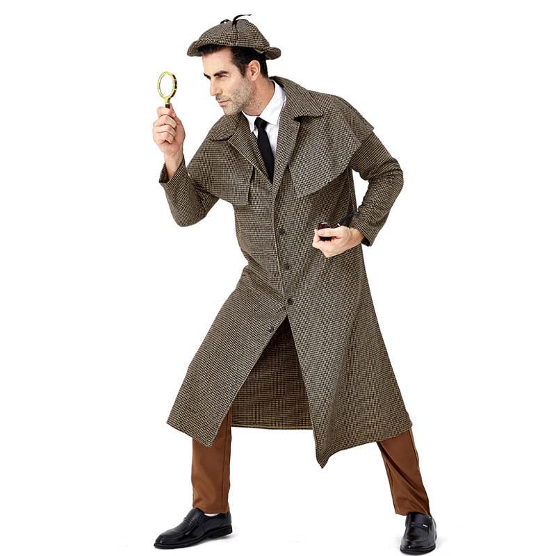Halloween Male Costume Sherlock Holmes Vintage Plaid Trench Coat Stage Performance