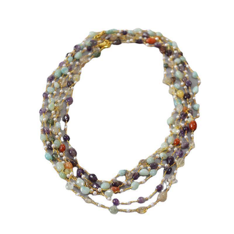Original Design Handmade Natural Stone Double-Layer Beaded Sweater Necklace for Women