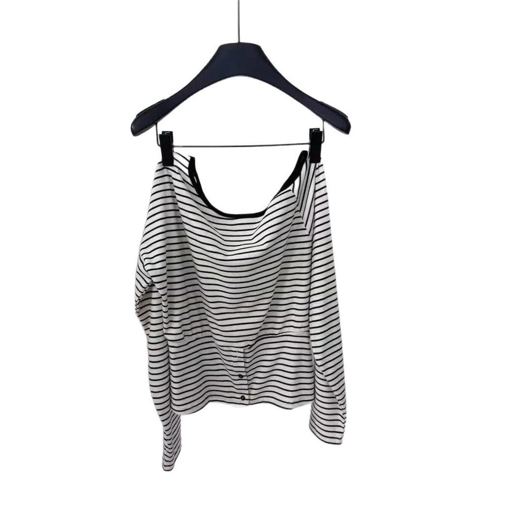 Women's Striped Off-Shoulder Long-Sleeve Cotton Tee—Fashionable, Versatile, Slimming, High-End Feel, Perfect for Spring/Autumn.