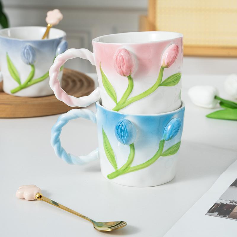 Tulpen Tassen Becher Keramiktassen Wasserkrüge für Mädchen Paar Handarbeiten Hohes Erscheinungsbild Geburtstagsgeschenke Frühlingsfest Geschenke