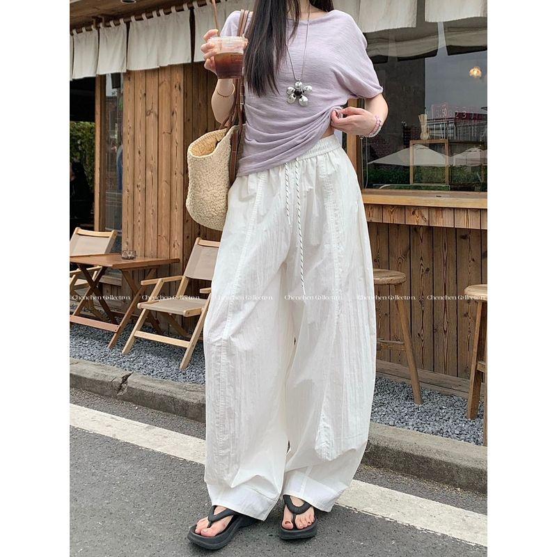 Idle Style Drawstring Matchet Pants Light Blue Casual Pants Women's Autumn Loose Loose Pants Easiest for Match Mop Pants Pants