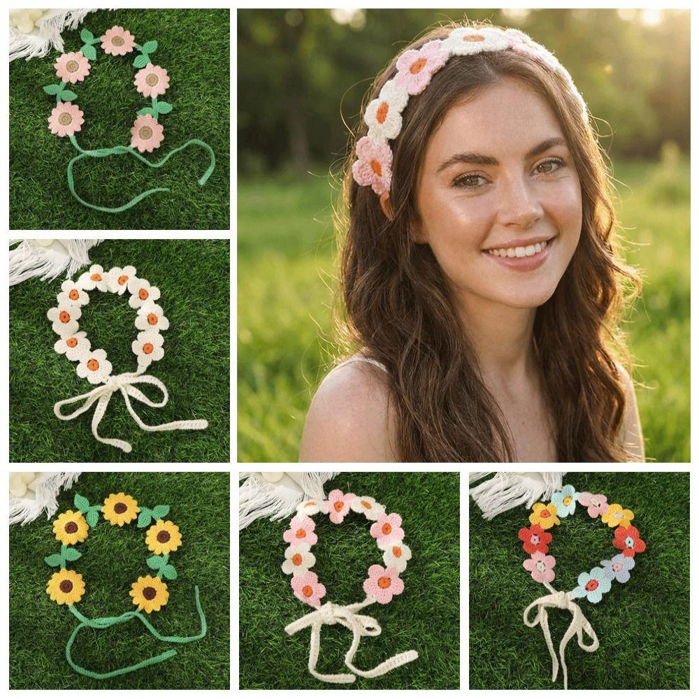 Floral Pattern Crochet Floral Hair Bands Knit Design Hair Scarf French Knitted Bandana Women