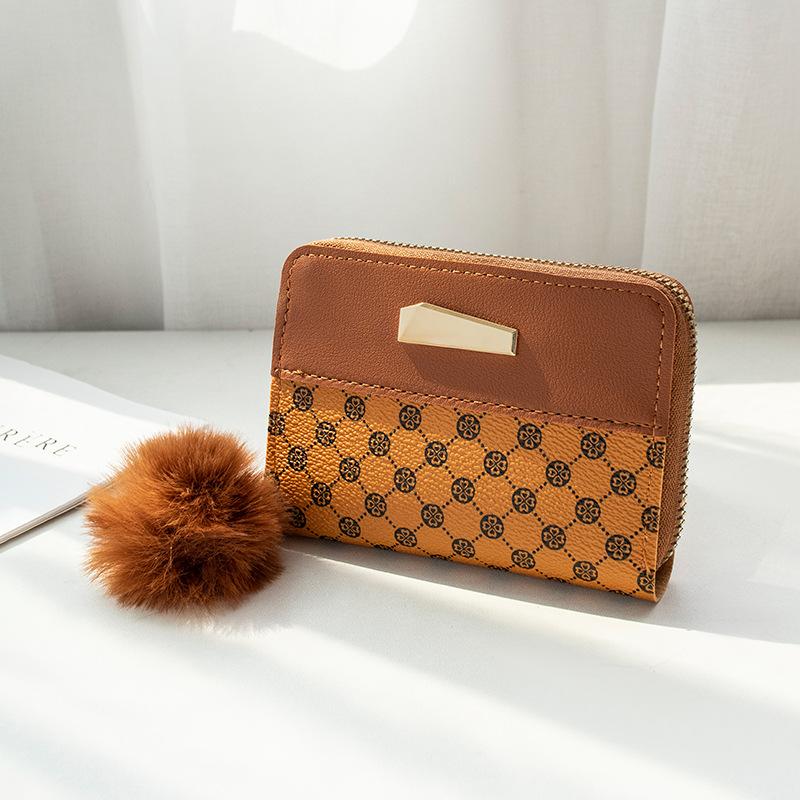 

Женская сумка для мелочи, новый материал с круглым цветочным узором, отделка контрастными железными листами, короткий кошелек, повседневный маленький картхолдер. коричневый