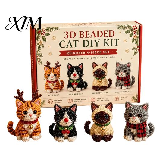Festliches Feiertagsgeschenk 3D Perlen-Bastelset, Lebensechtes Weihnachtstier-Perlenbastelset, Partygeschenk Handgemachtes Einfaches Stickset für Kinder und Erwachsene Katze