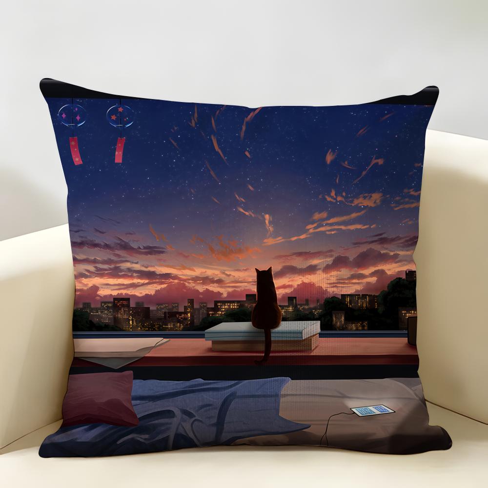 Anime Scenery Design Cushion Cover Natural Linen Organic Fabric DoubleSided Printing Room Sofa Decor Pillow Case