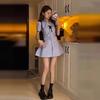 College striped blue dress women's summer small waist slim short skirt polo collar shirt skirt set